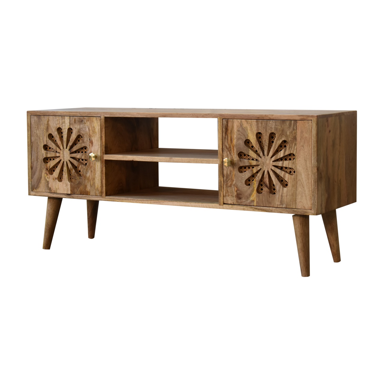 Solid Mango Wood Oak and Rattan Finished Rosalie 2 Door with Shelves Media Unit - Image 2