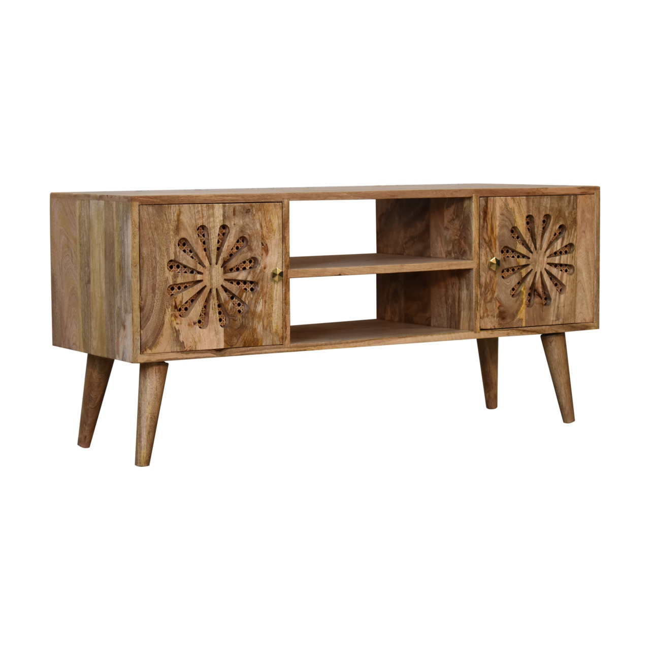 Solid Mango Wood Oak and Rattan Finished Rosalie 2 Door with Shelves Media Unit - Image 3