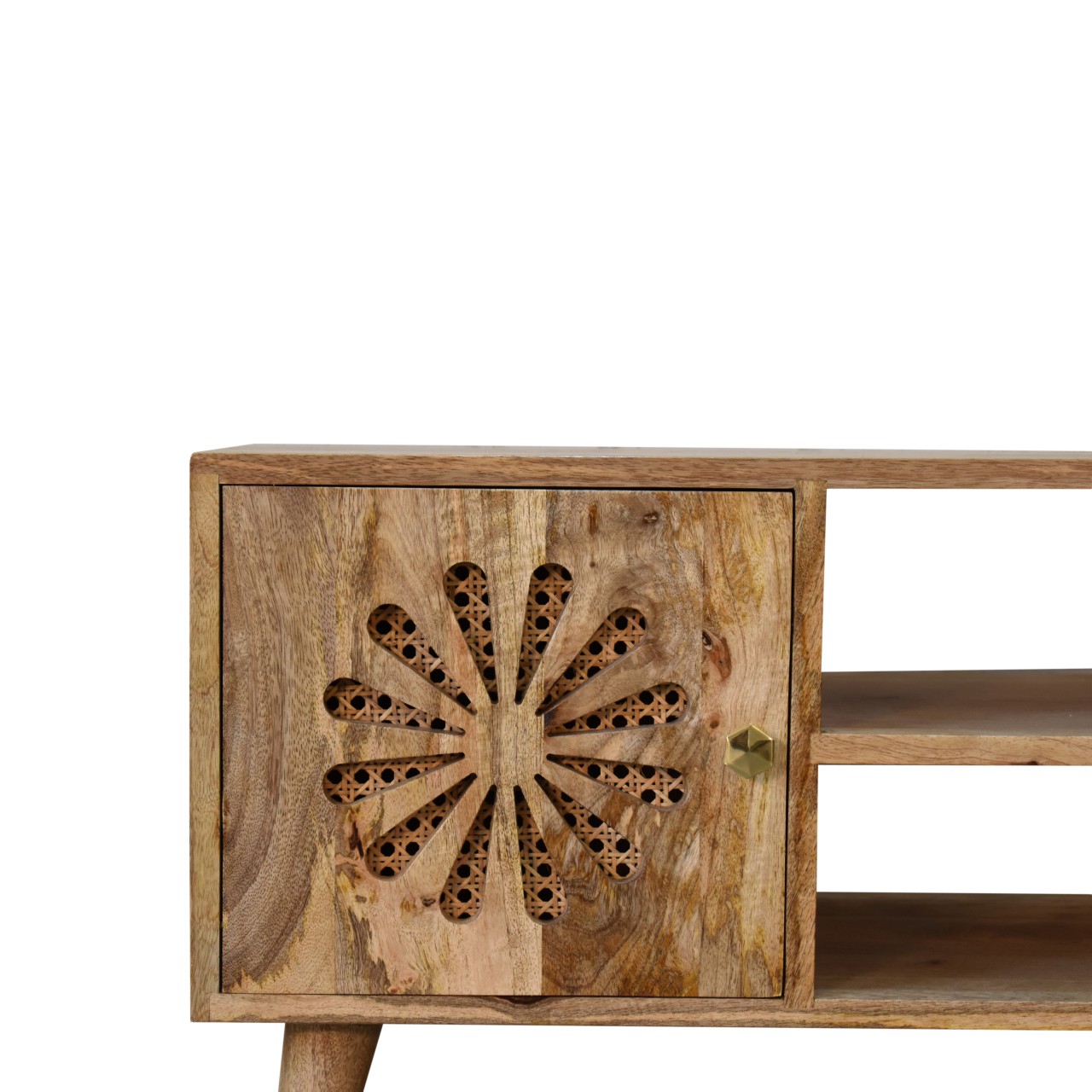 Solid Mango Wood Oak and Rattan Finished Rosalie 2 Door with Shelves Media Unit - Image 4