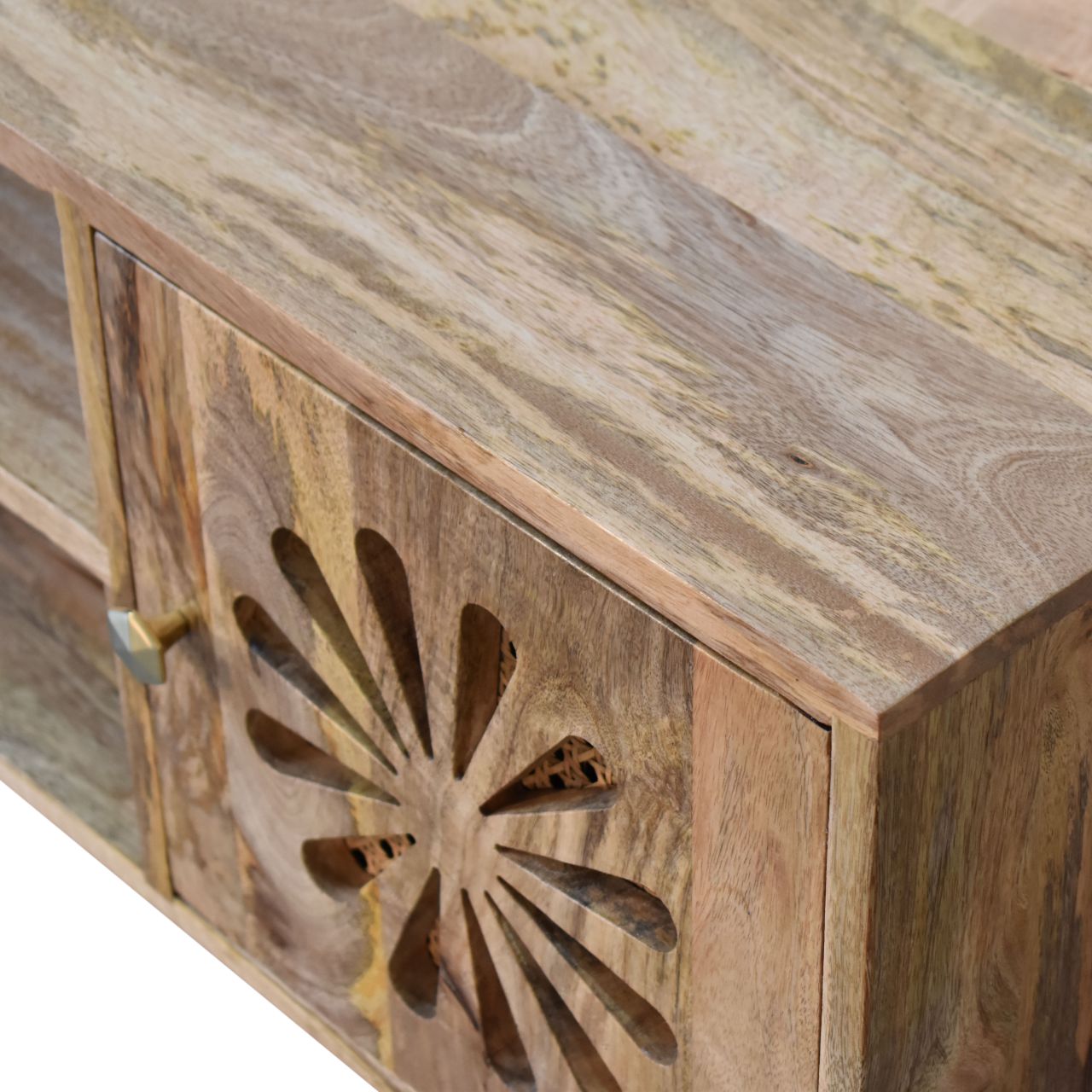 Solid Mango Wood Oak and Rattan Finished Rosalie 2 Door with Shelves Media Unit - Image 5