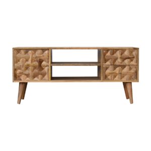Solid Mango Wood Oak Finished Kita 1 Door 2 Drawer Media Unit