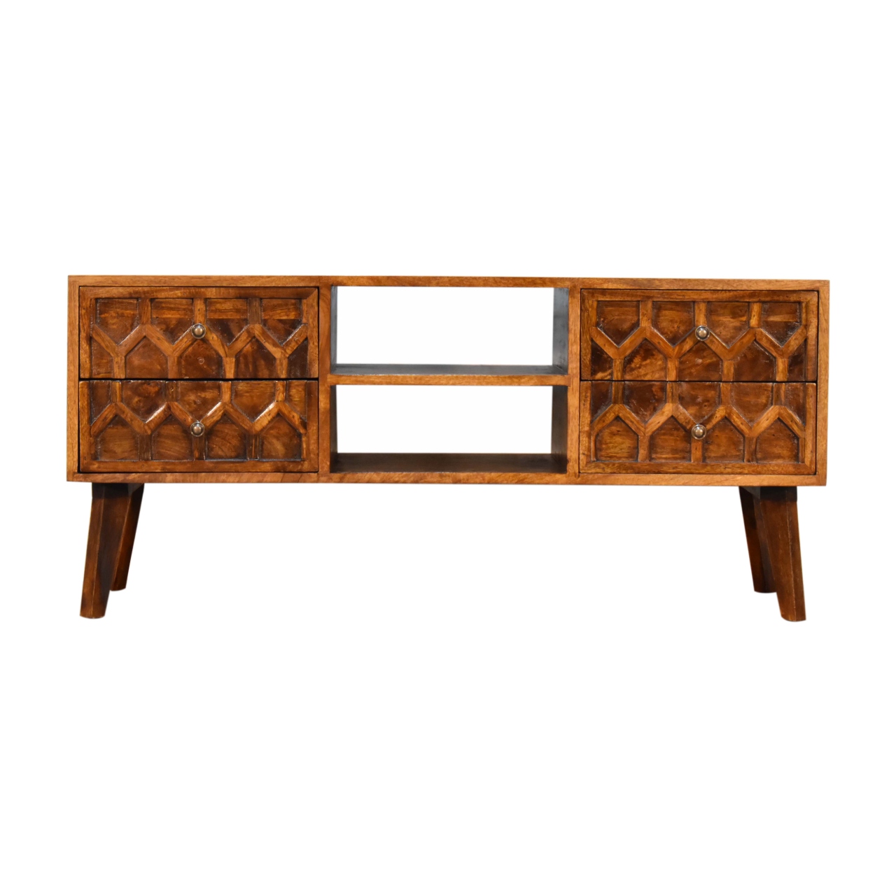 Solid Mango Wood Chestnut Finished 4 Drawer Amouri Media Unit