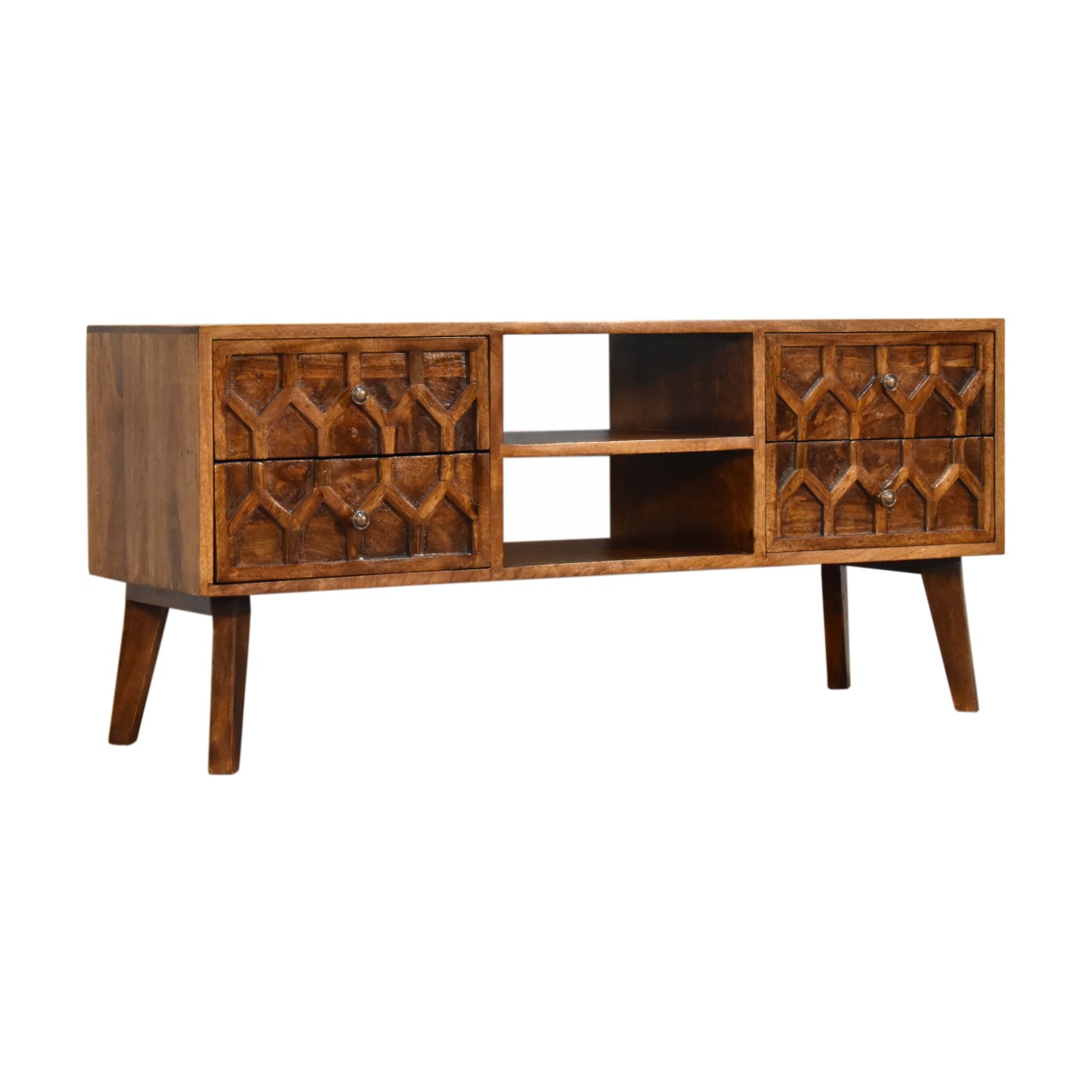 Solid Mango Wood Chestnut Finished 4 Drawer Amouri Media Unit - Image 2