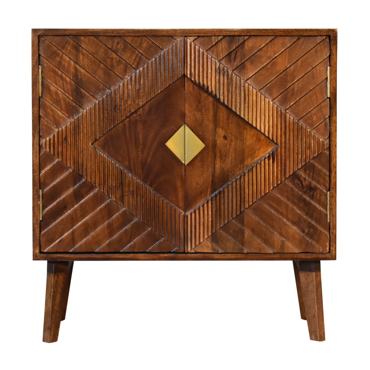 Solid Mango Wood Chestnut Finished 2 Door Alma Cabinet with Brass Diamond Pattern