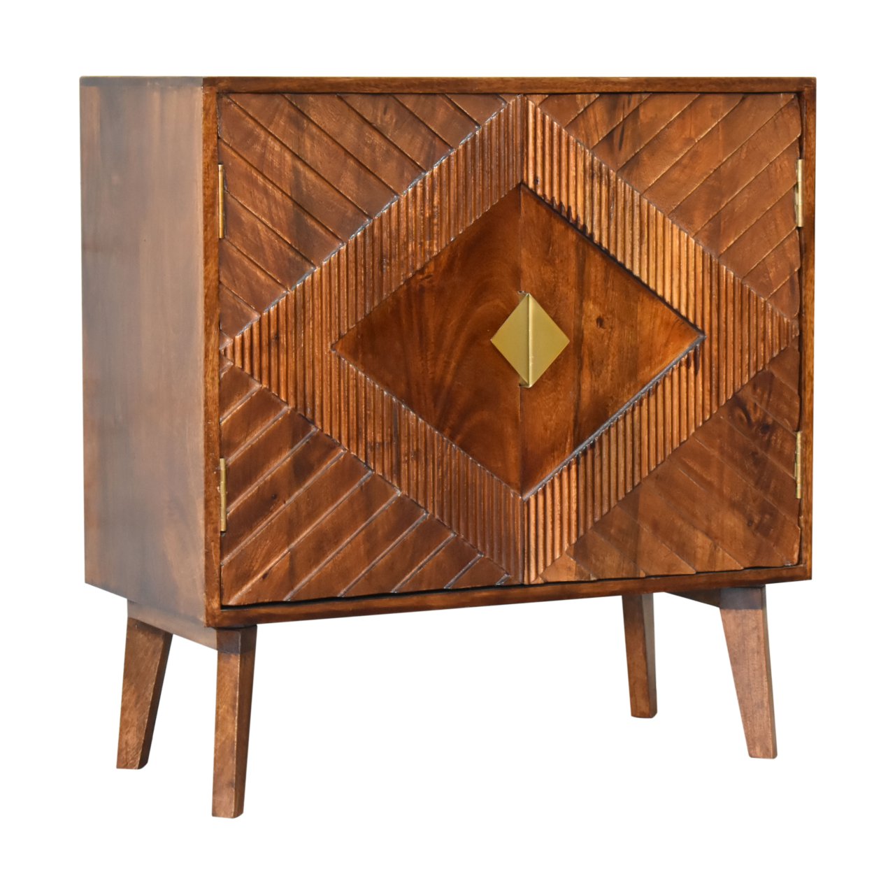 Solid Mango Wood Chestnut Finished 2 Door Alma Cabinet with Brass Diamond Pattern - Image 3