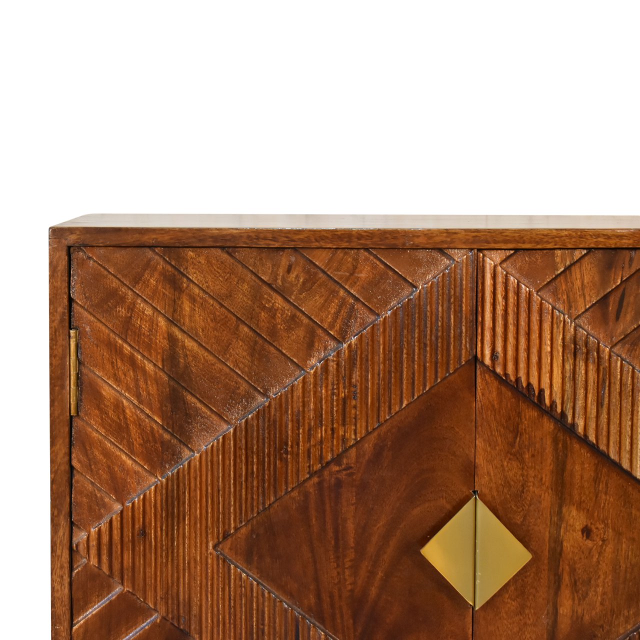 Solid Mango Wood Chestnut Finished 2 Door Alma Cabinet with Brass Diamond Pattern - Image 4