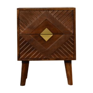 Solid Mango Wood Chestnut Finished 2 Drawer Alma Bedside with Brass Inlay Diamond Pattern