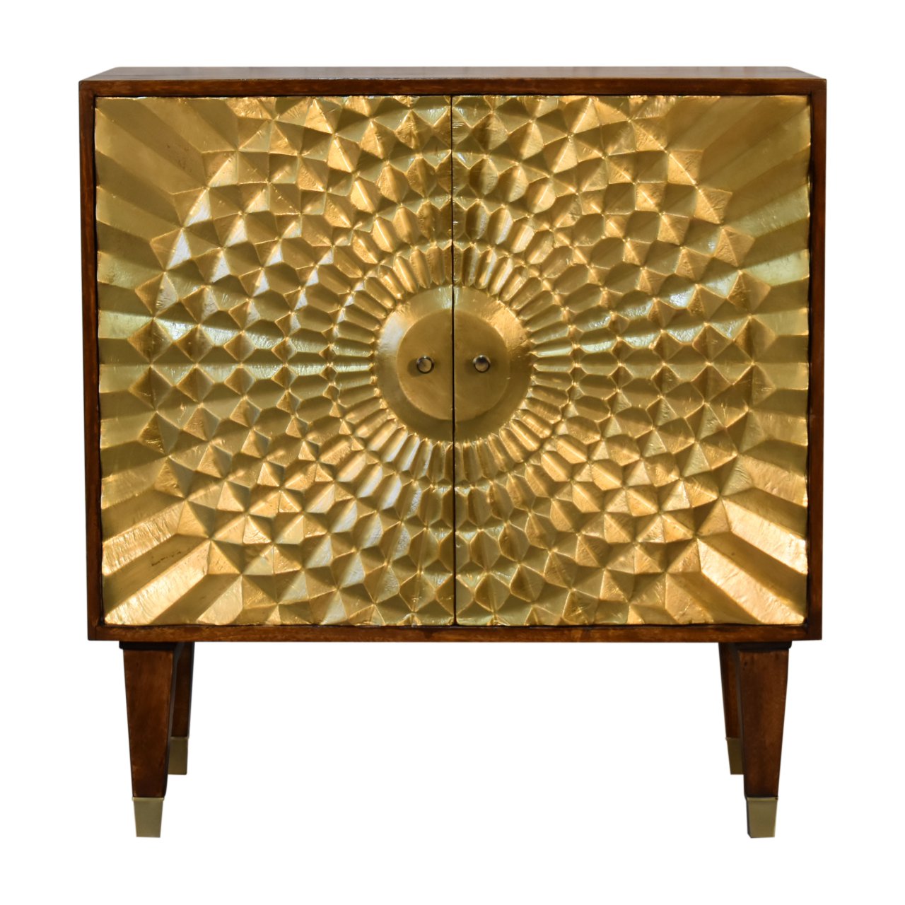 Solid Mango Wood Chestnut Finished 2 Door Brass Front Eden Cabinet