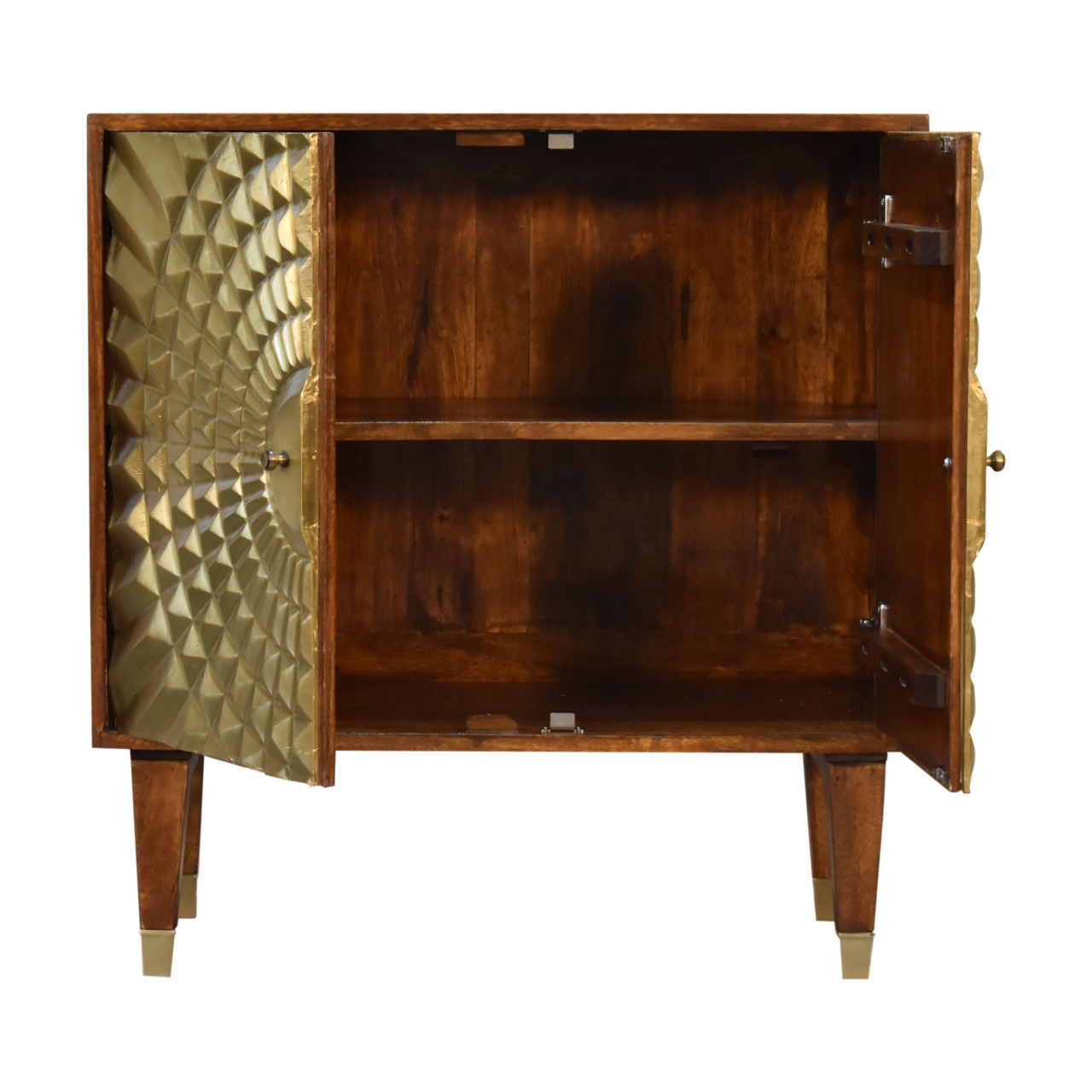 Solid Mango Wood Chestnut Finished 2 Door Brass Front Eden Cabinet - Image 5