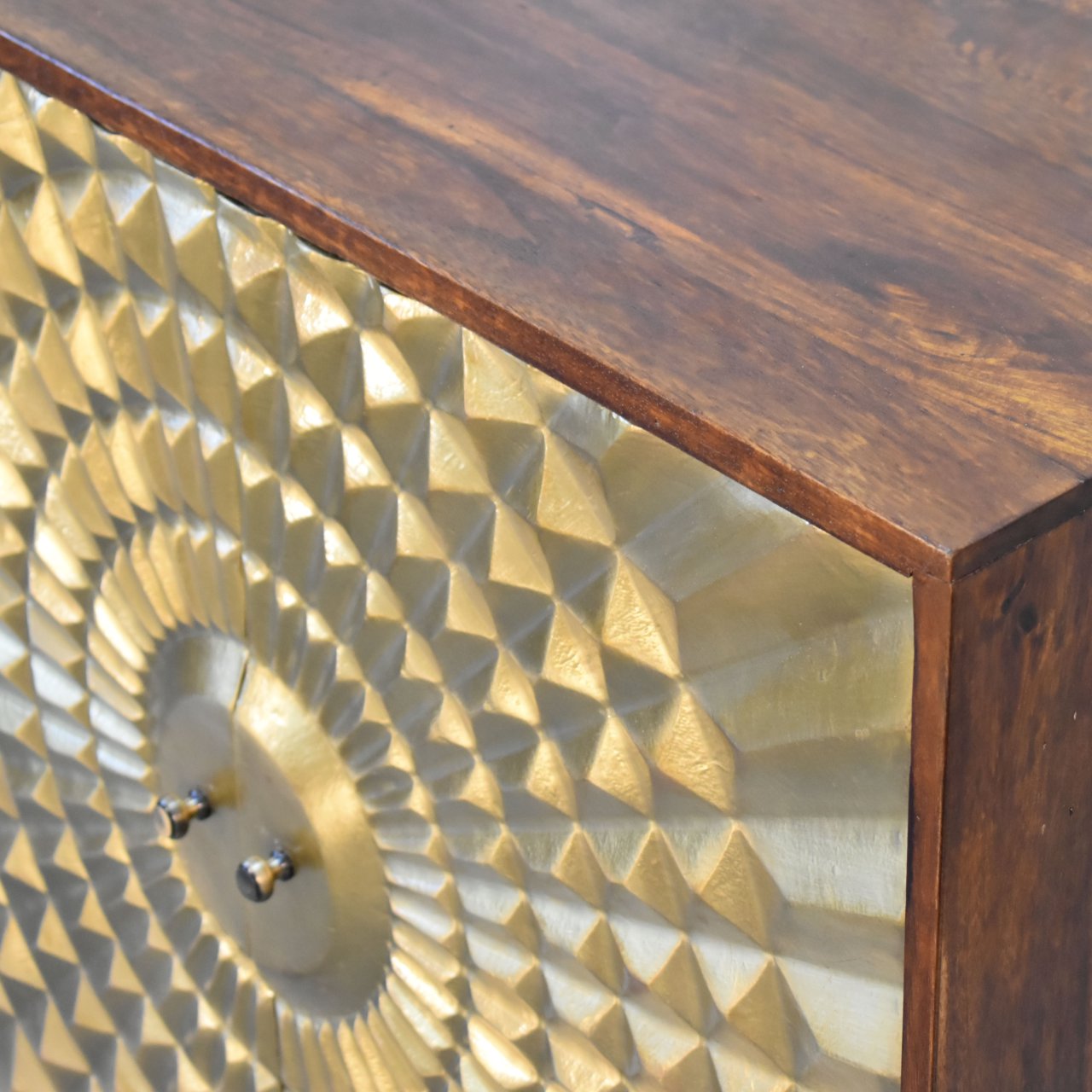 Solid Mango Wood Chestnut Finished 2 Door Brass Front Eden Cabinet - Image 6
