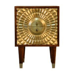 Solid Mango Wood Chestnut Finished 2 Drawer Brass Front Eden Bedside