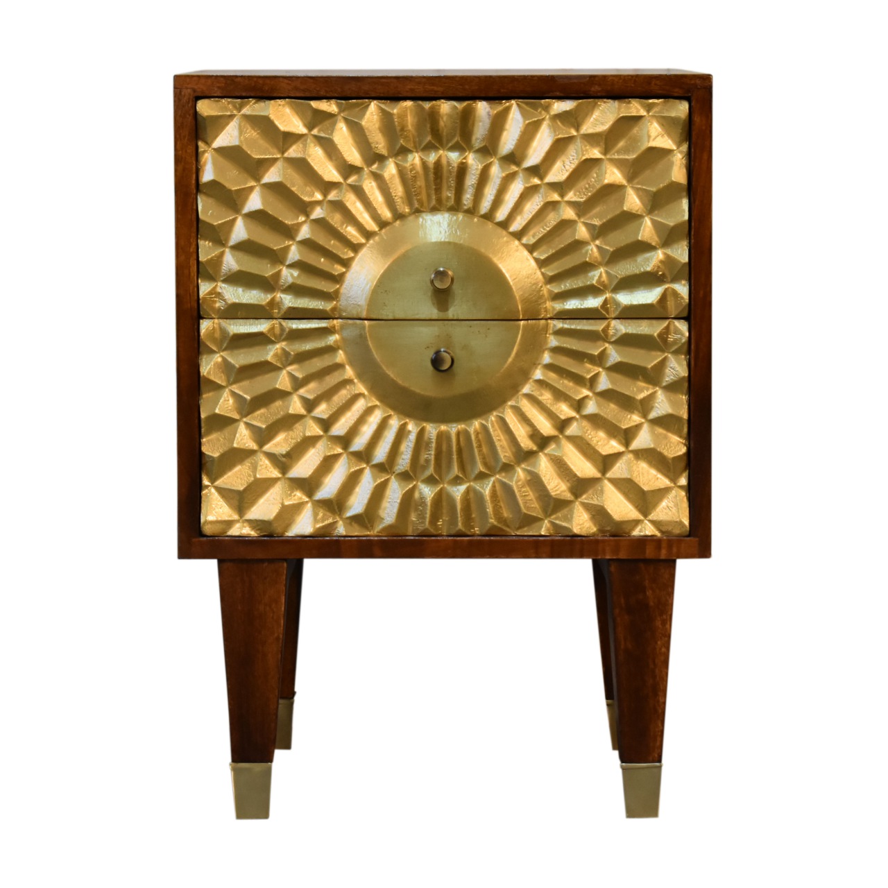 Solid Mango Wood Chestnut Finished 2 Drawer Brass Front Eden Bedside