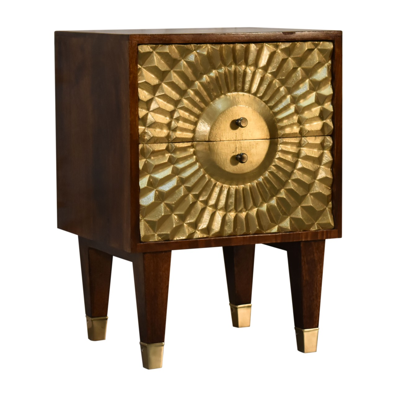 Solid Mango Wood Chestnut Finished 2 Drawer Brass Front Eden Bedside - Image 2