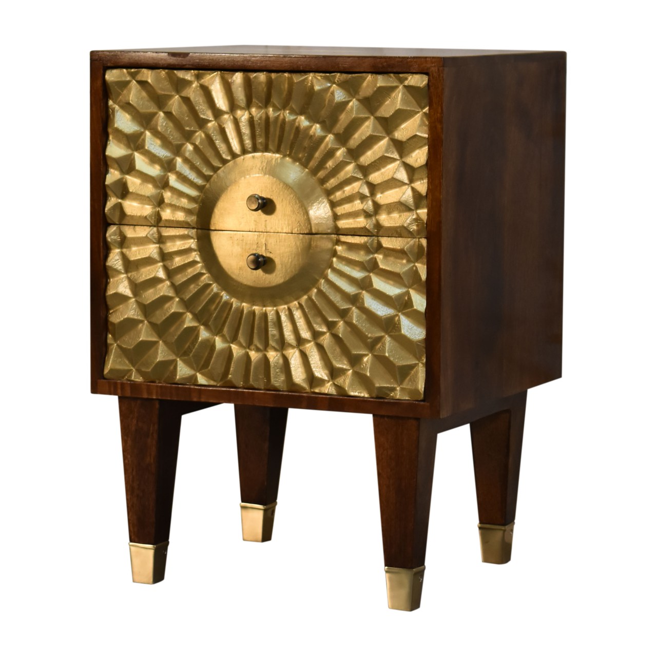 Solid Mango Wood Chestnut Finished 2 Drawer Brass Front Eden Bedside - Image 3