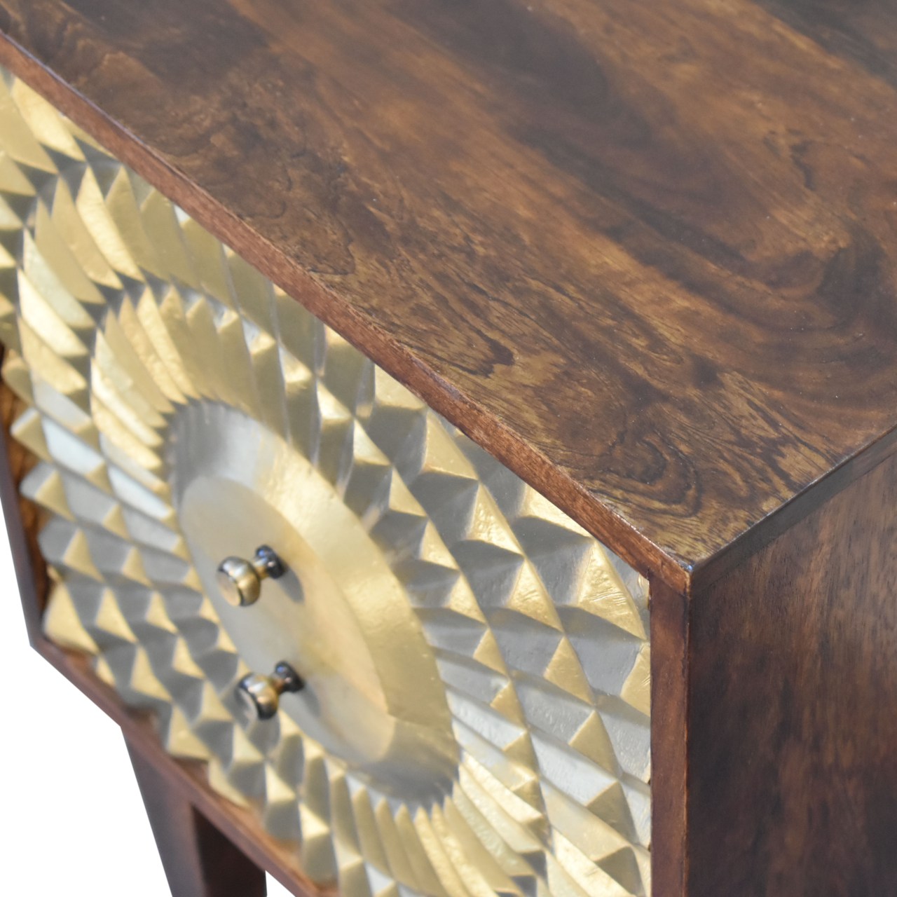 Solid Mango Wood Chestnut Finished 2 Drawer Brass Front Eden Bedside - Image 5
