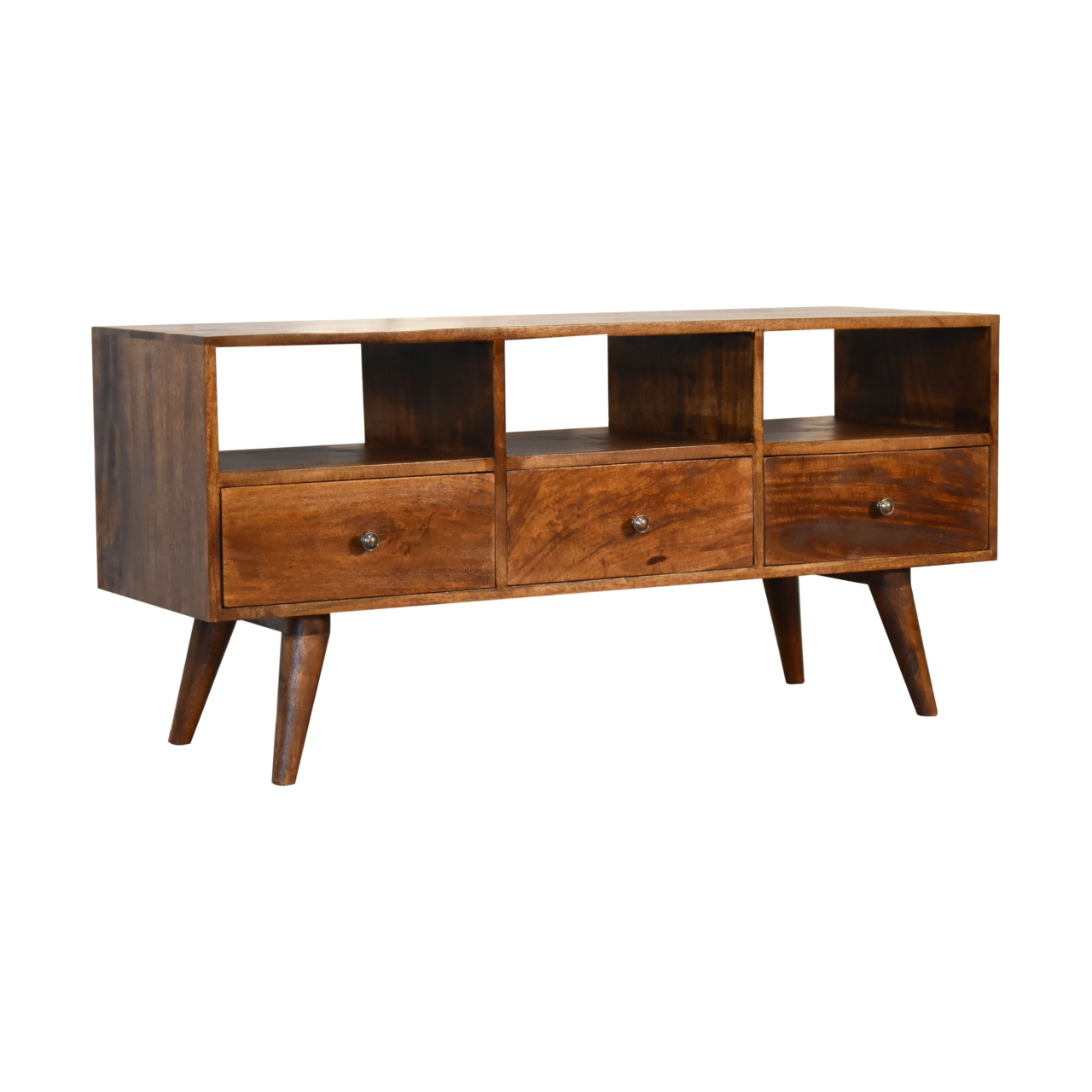 Solid Mango Wood Chestnut Finished 3 Drawer Scandinavian Style TV Media Unit - Image 3