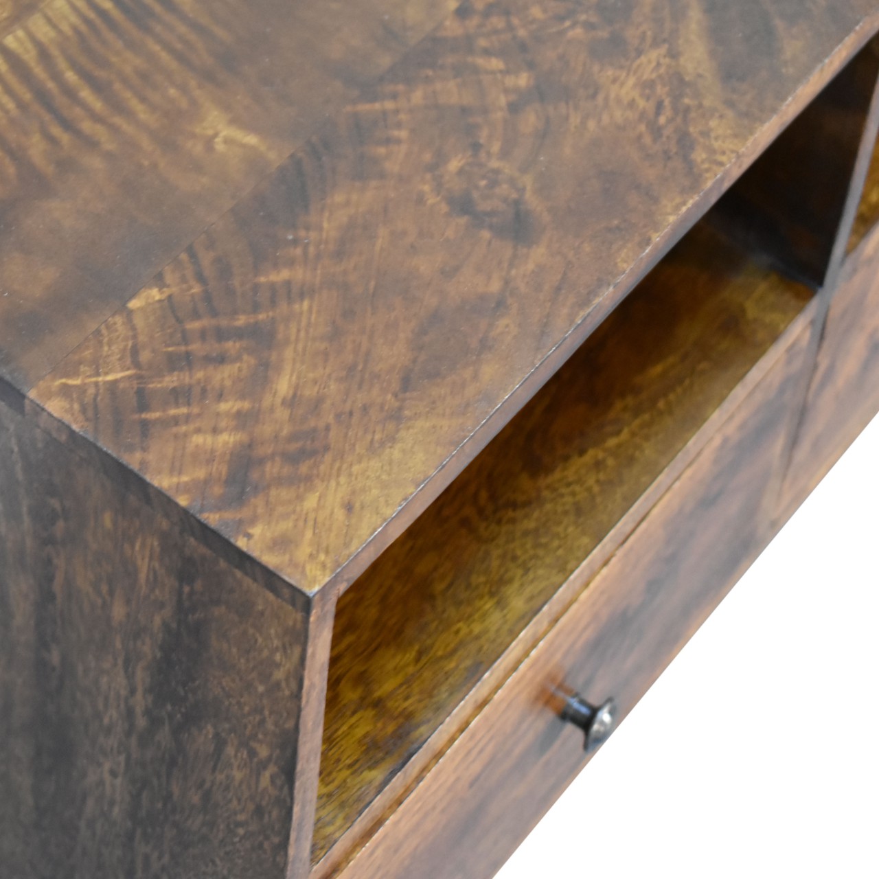 Solid Mango Wood Chestnut Finished 3 Drawer Scandinavian Style TV Media Unit - Image 5