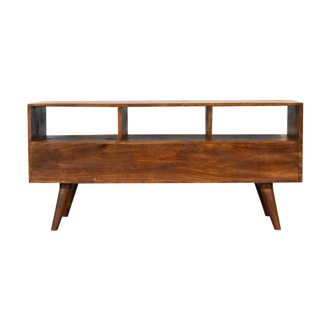 Solid Mango Wood Chestnut Finished 3 Drawer Scandinavian Style TV Media Unit - Image 9