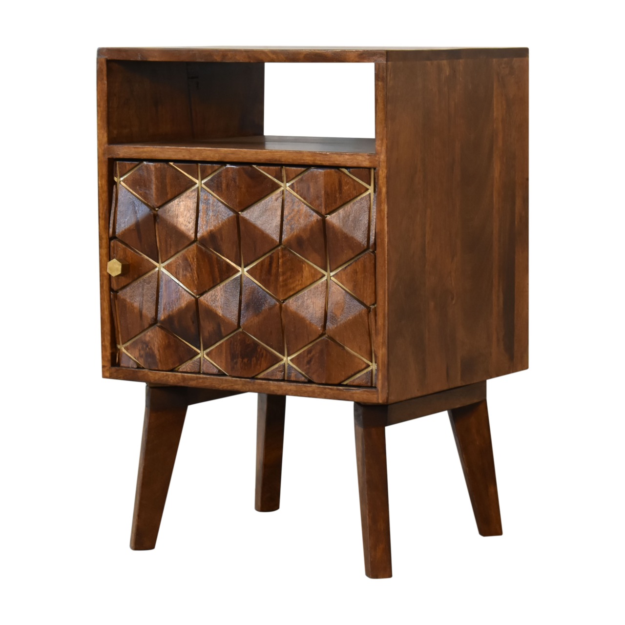 Solid Mango Wood Chestnut Finished Diamond Patterned 1 Door Bedside - Image 2