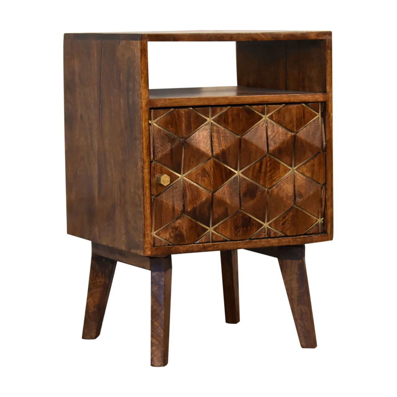 Solid Mango Wood Chestnut Finished Diamond Patterned 1 Door Bedside - Image 3