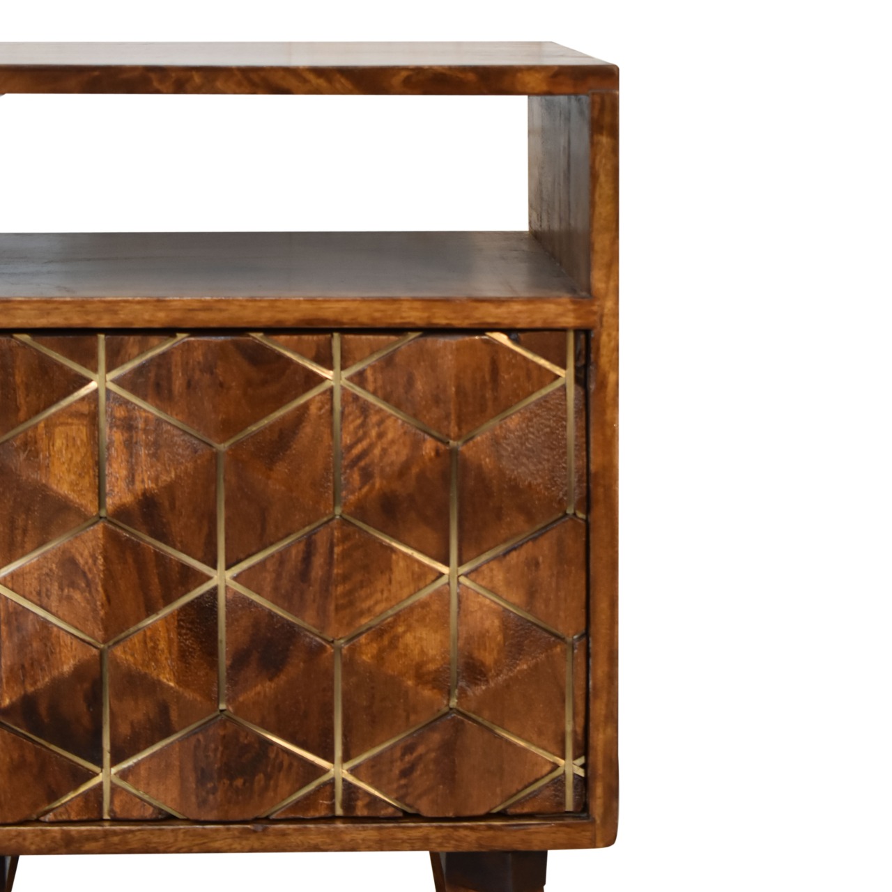 Solid Mango Wood Chestnut Finished Diamond Patterned 1 Door Bedside - Image 4