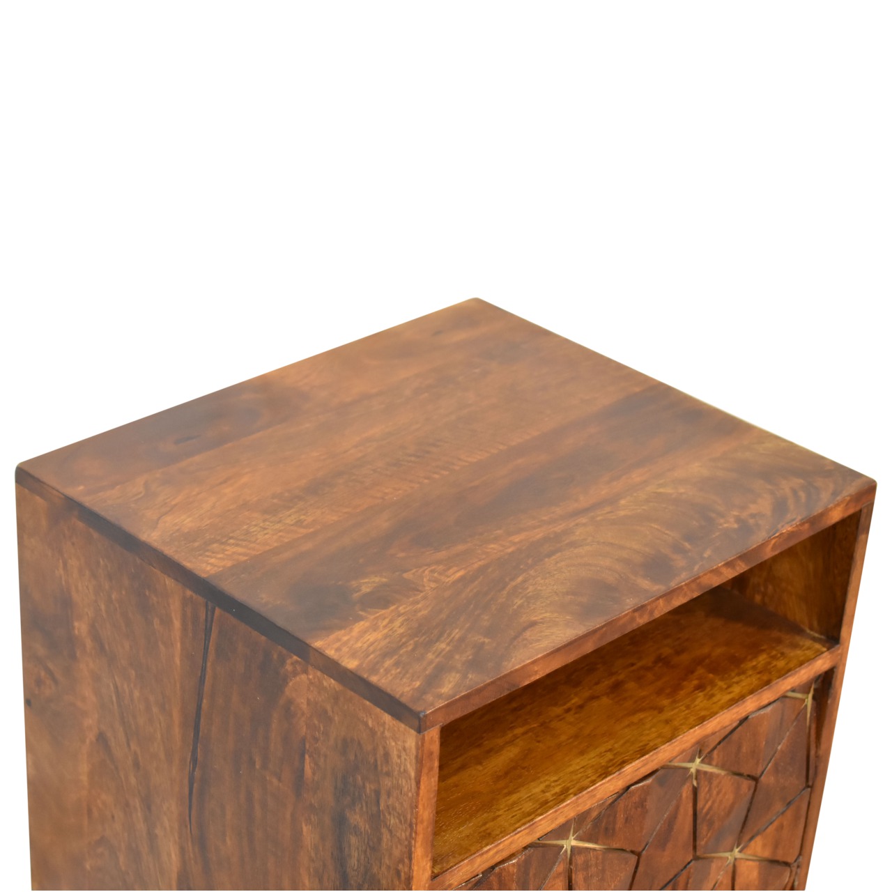 Solid Mango Wood Chestnut Finished Diamond Patterned 1 Door Bedside - Image 5