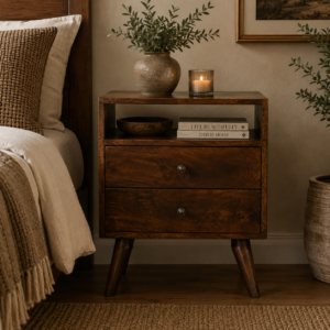 Solid Mango Wood Chestnut Finished 2 Drawers 1 Slot Classic Bedside