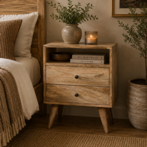 Solid Mango Wood Oak Finished 2 Drawer 1 Slot Classic Bedside