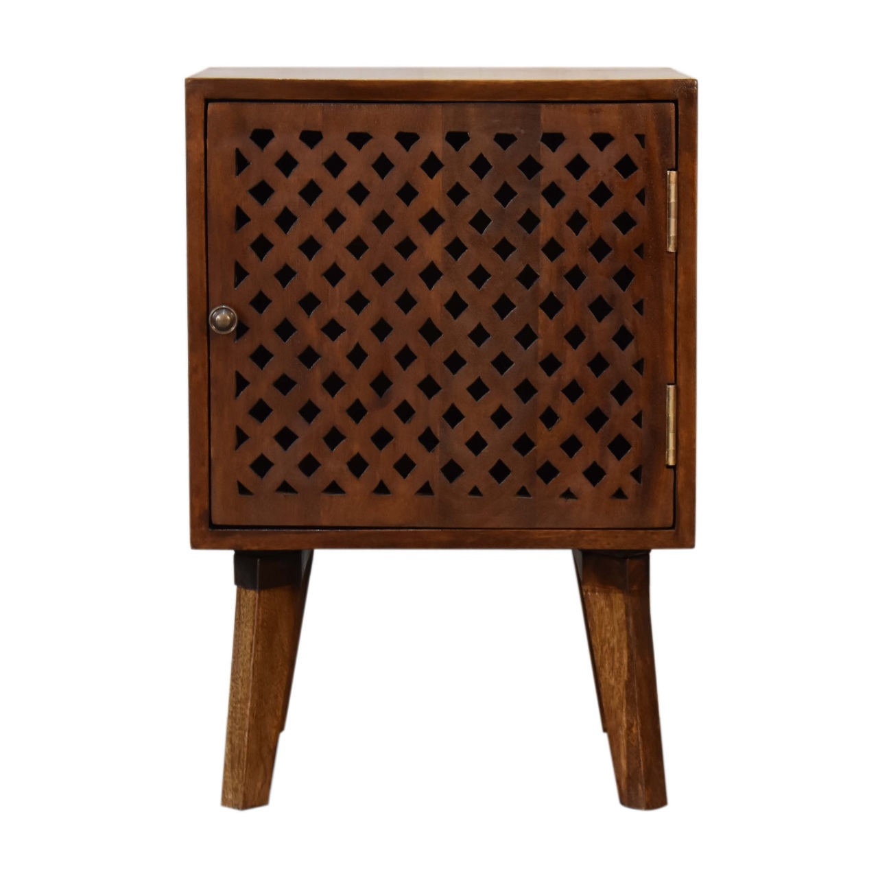 Solid Mango Wood Chestnut Finished Carved Front 1 Door Bedside