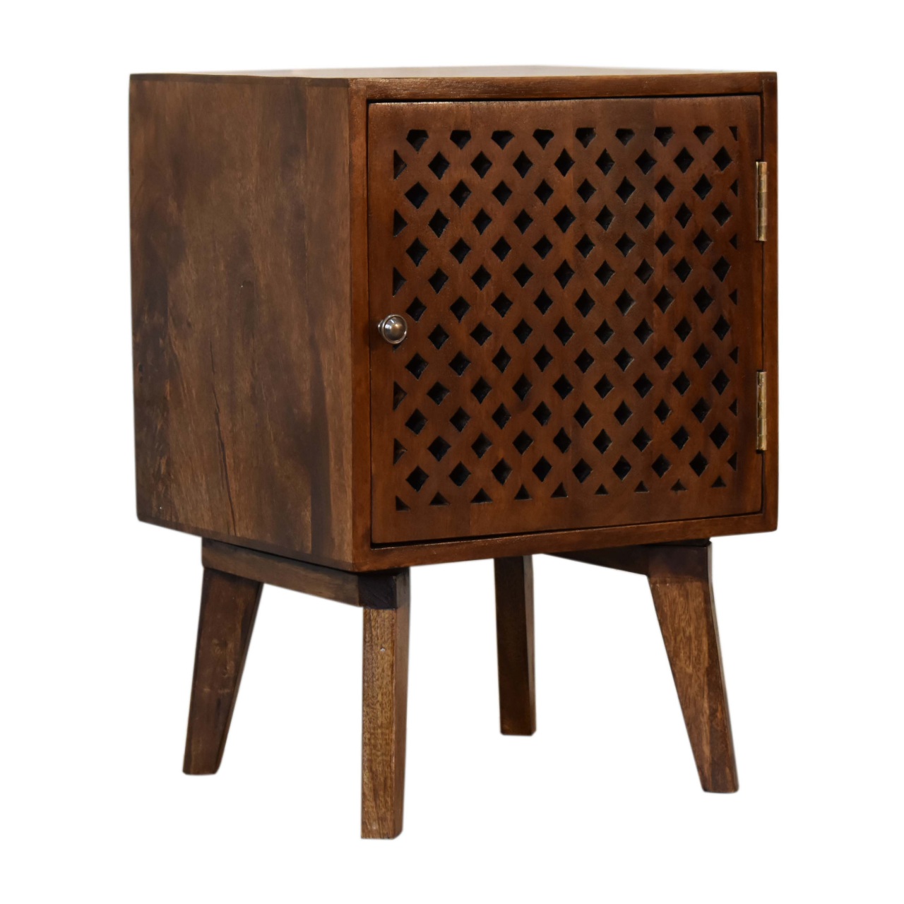 Solid Mango Wood Chestnut Finished Carved Front 1 Door Bedside - Image 2