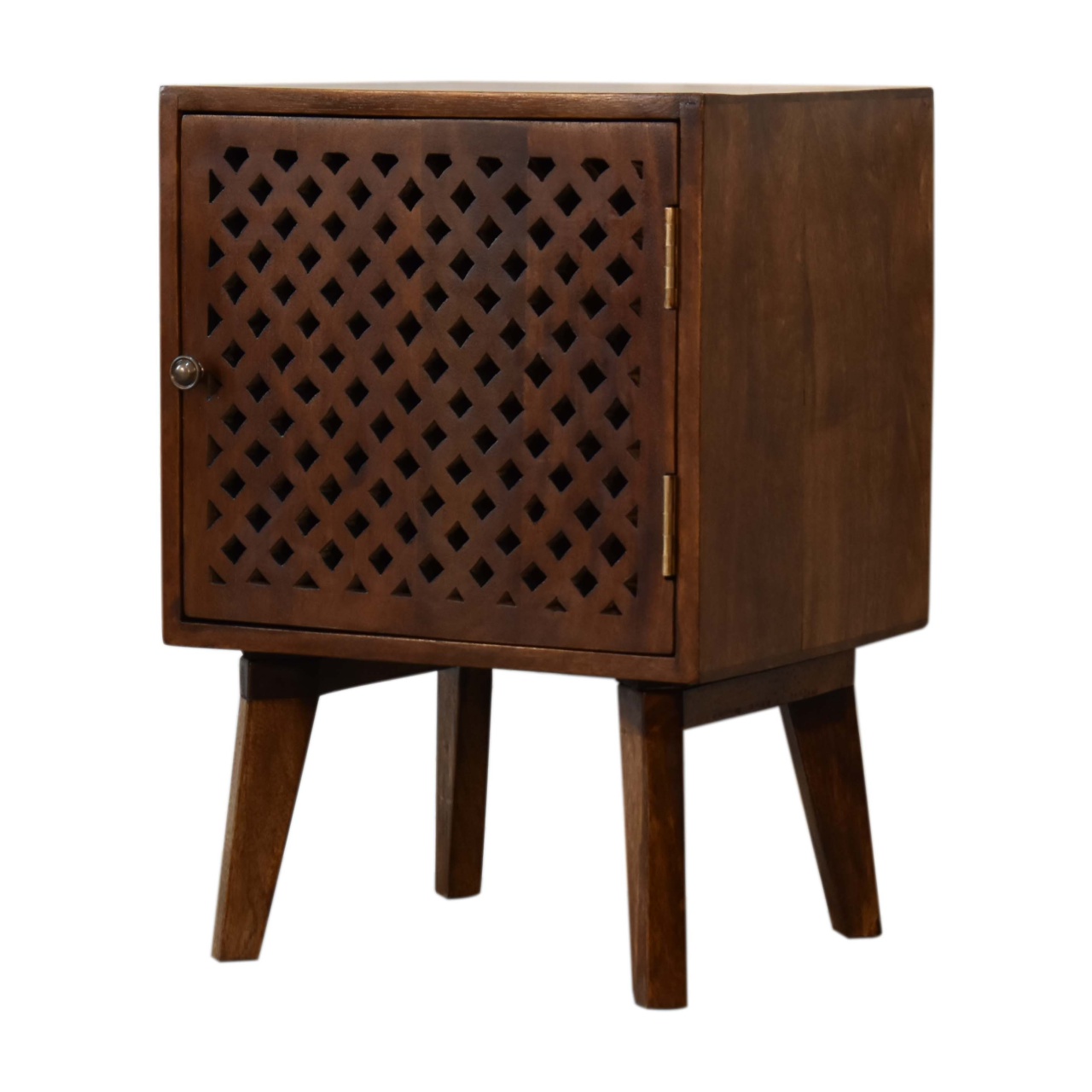 Solid Mango Wood Chestnut Finished Carved Front 1 Door Bedside - Image 3