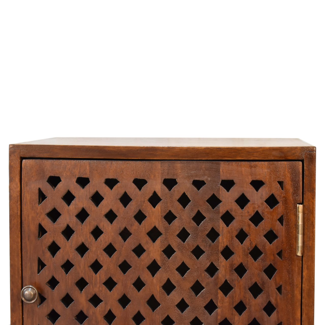 Solid Mango Wood Chestnut Finished Carved Front 1 Door Bedside - Image 4