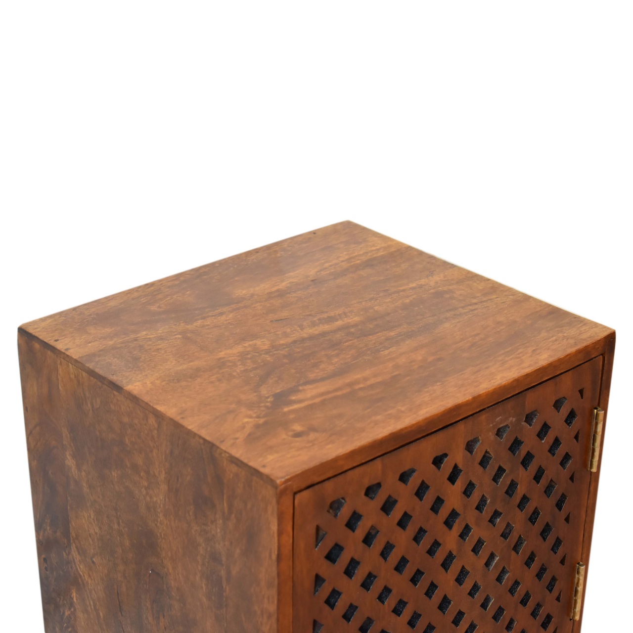 Solid Mango Wood Chestnut Finished Carved Front 1 Door Bedside - Image 5
