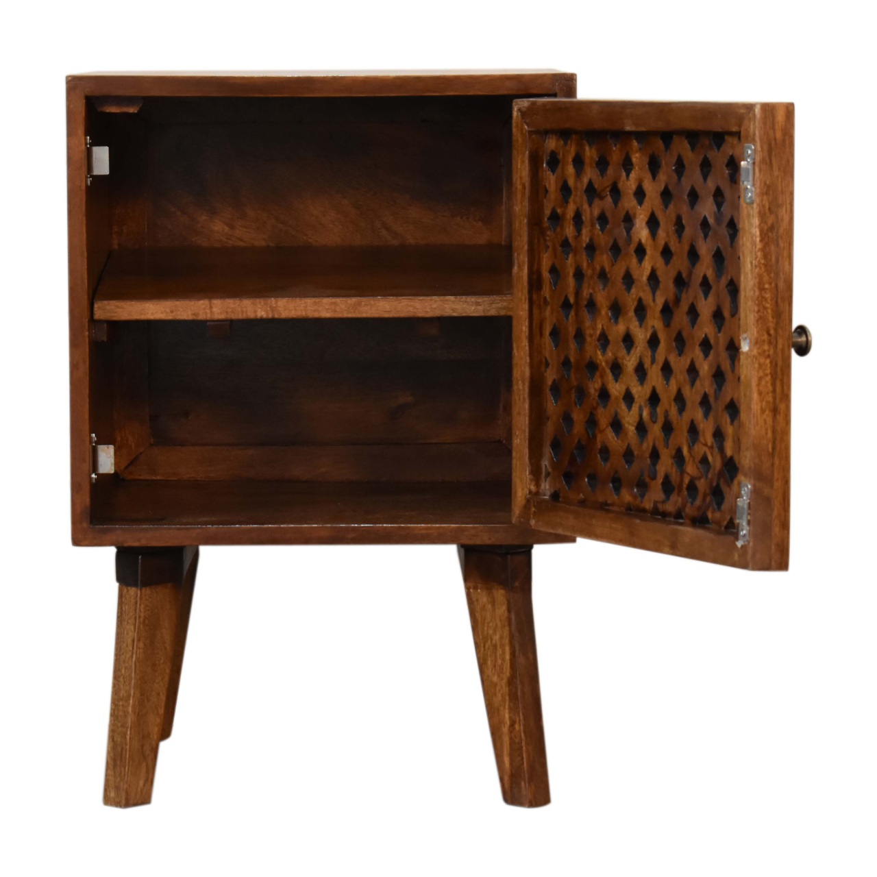 Solid Mango Wood Chestnut Finished Carved Front 1 Door Bedside - Image 6