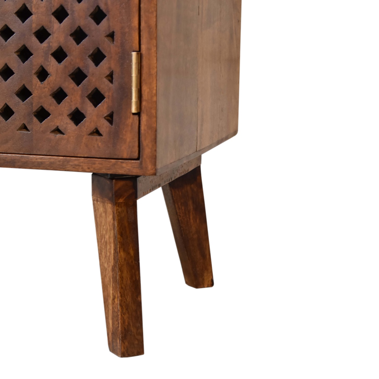 Solid Mango Wood Chestnut Finished Carved Front 1 Door Bedside - Image 7