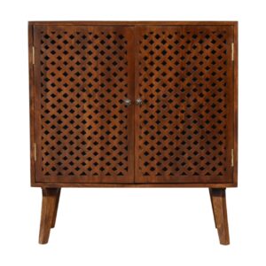 Solid Mango Wood Chestnut Finished Carved Front 2 Door Cabinet