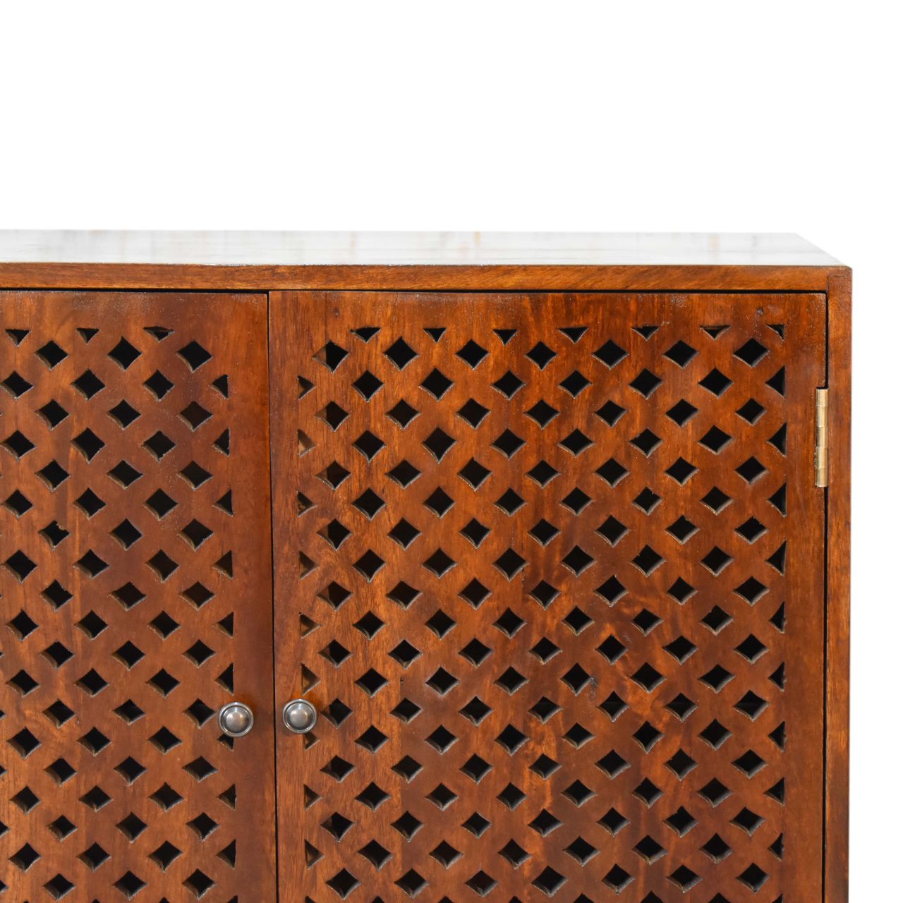 Solid Mango Wood Chestnut Finished Carved Front 2 Door Cabinet - Image 4
