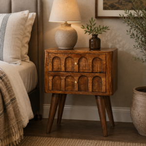 Solid Mango Wood Chestnut Finished Arch Carved 2 Drawer Bedside