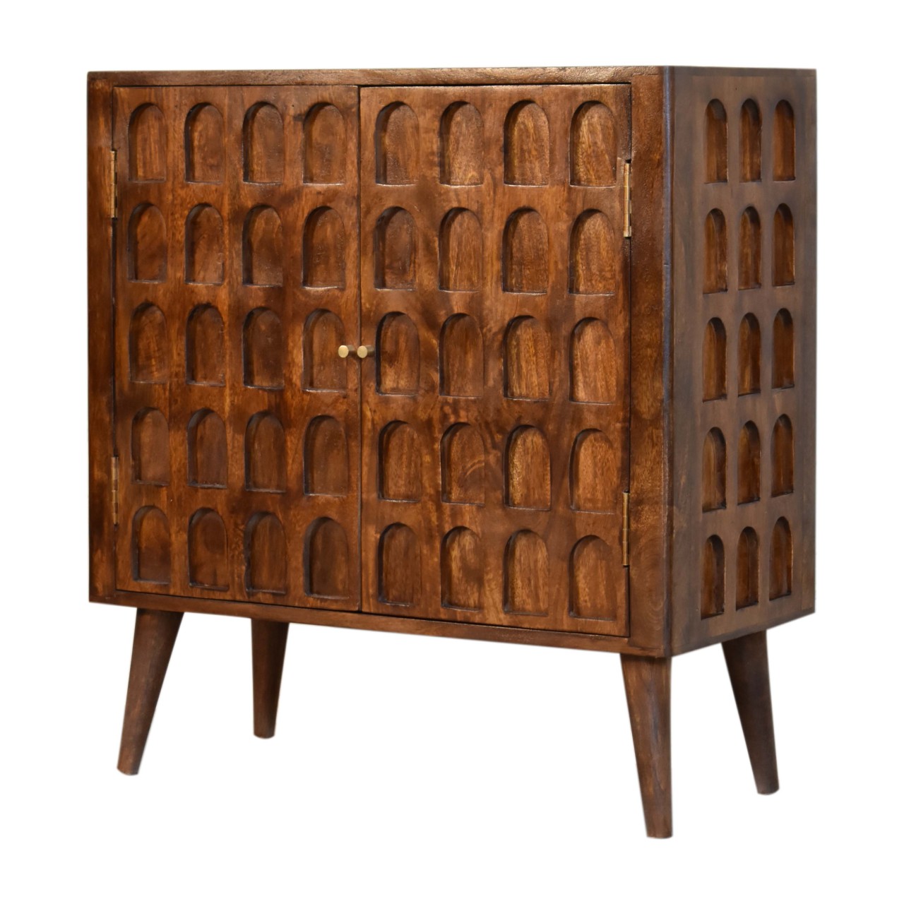 Solid Mango Wood Chestnut Finished 2 Door Arch Patterned Cabinet - Image 3