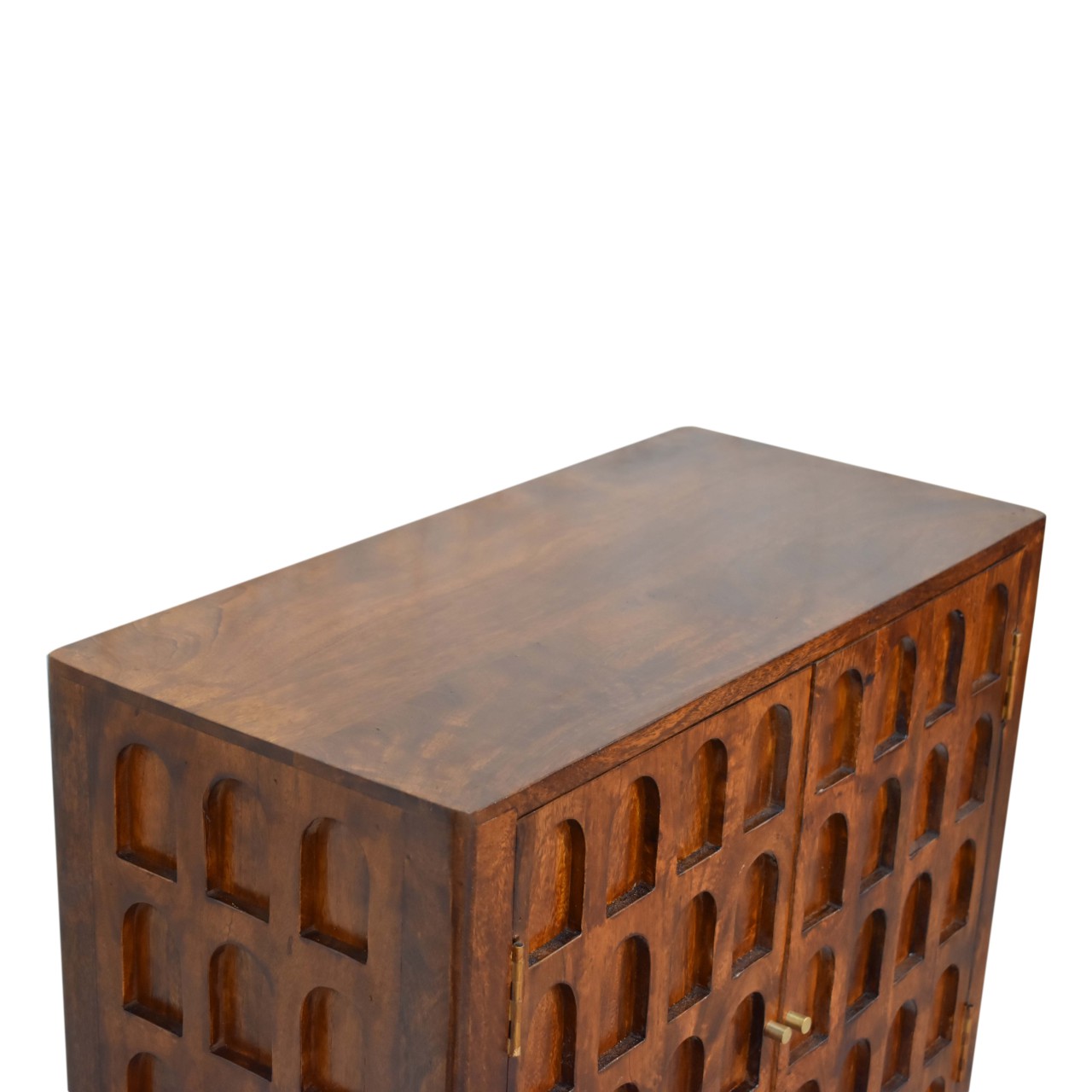Solid Mango Wood Chestnut Finished 2 Door Arch Patterned Cabinet - Image 5