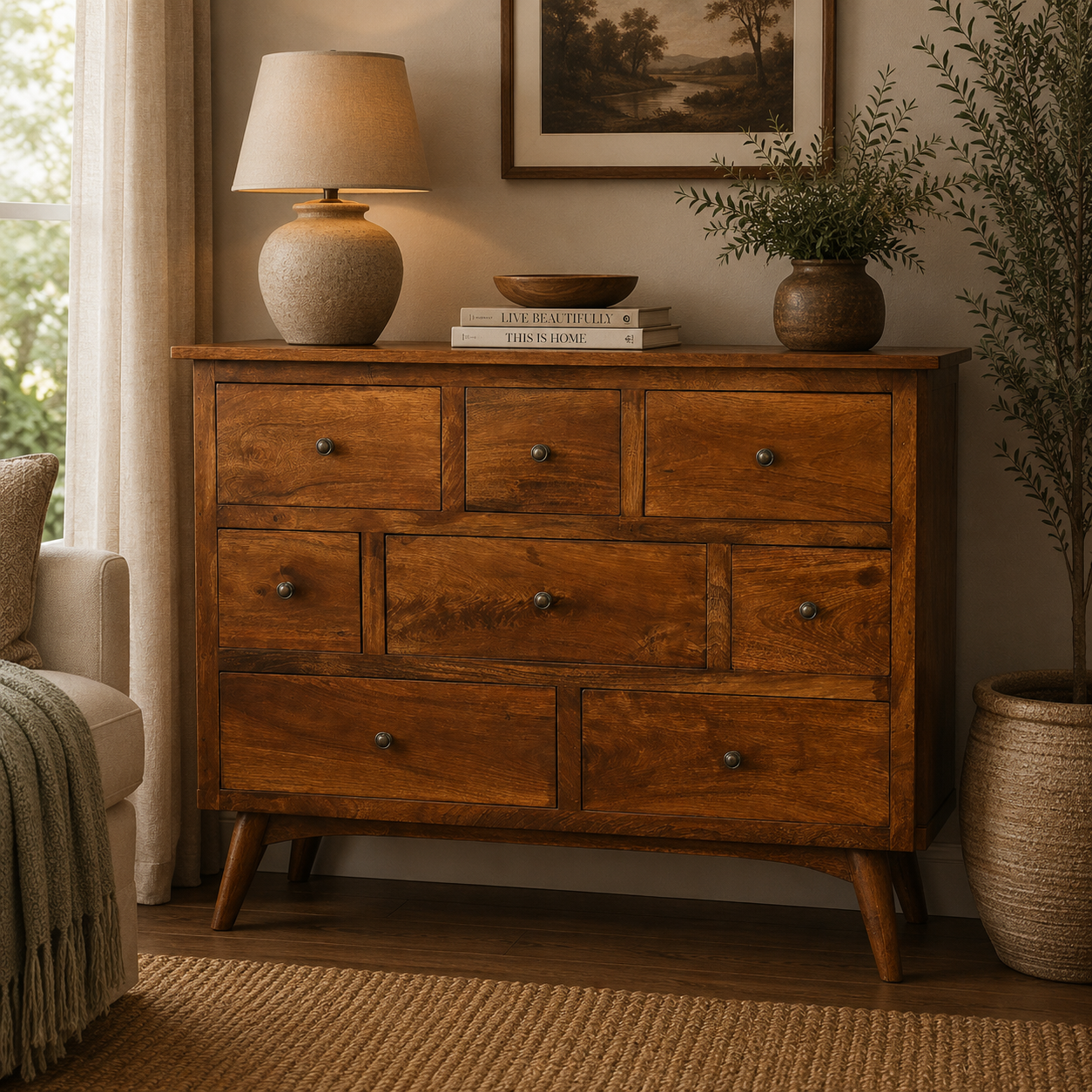 Solid Mango Wood Chestnut Finished 8 Drawer Chest of Drawers