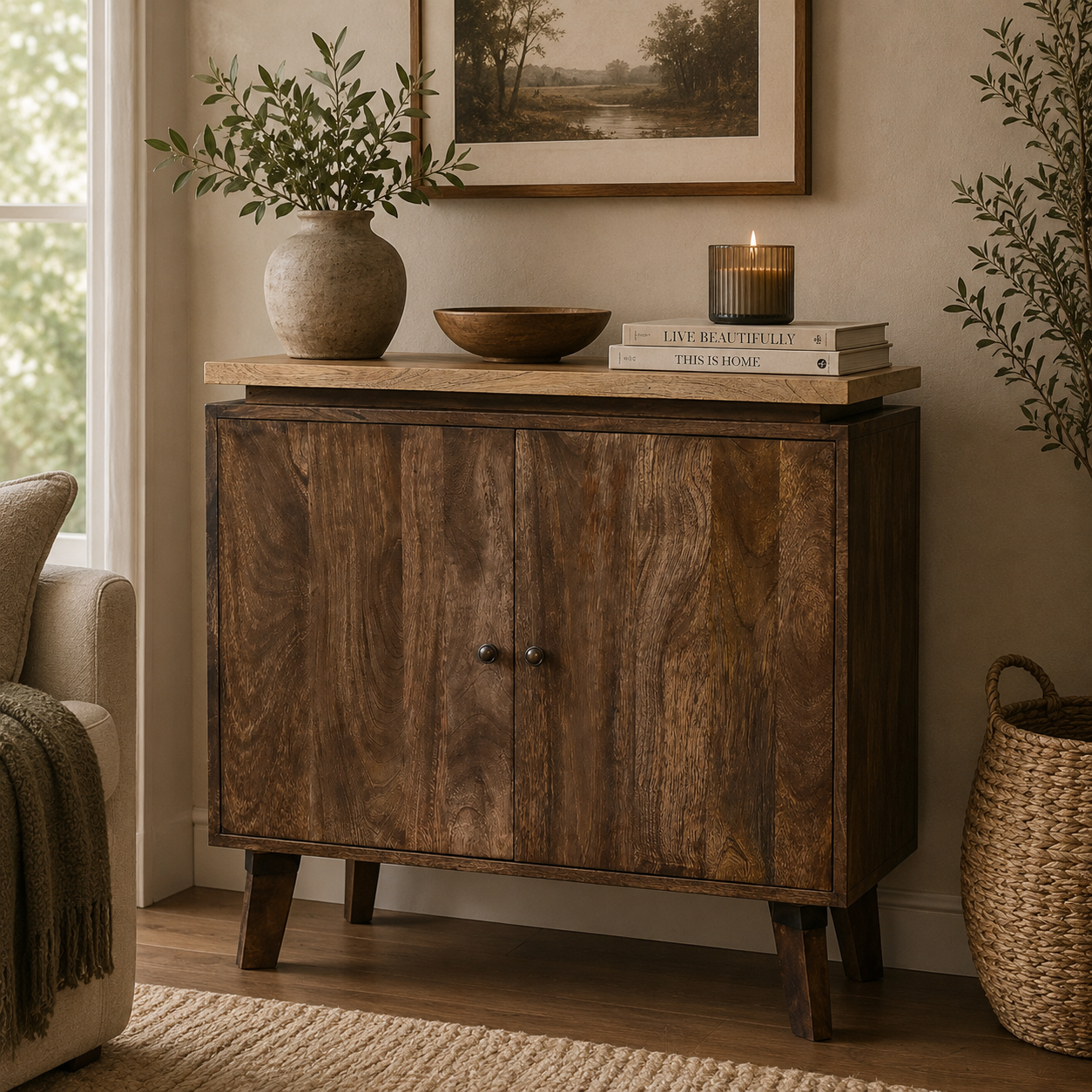Solid Mango Wood Grey Washed 2 Door Platform Cabinet