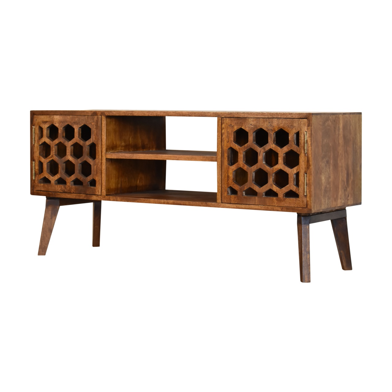 Solid Mango Wood Chestnut Finished 2 Door 2 Slot Honeycomb Patterned Media Unit - Image 3