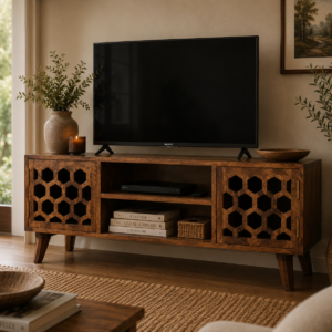 Solid Mango Wood Chestnut Finished 2 Door 2 Slot Honeycomb Patterned Media Unit