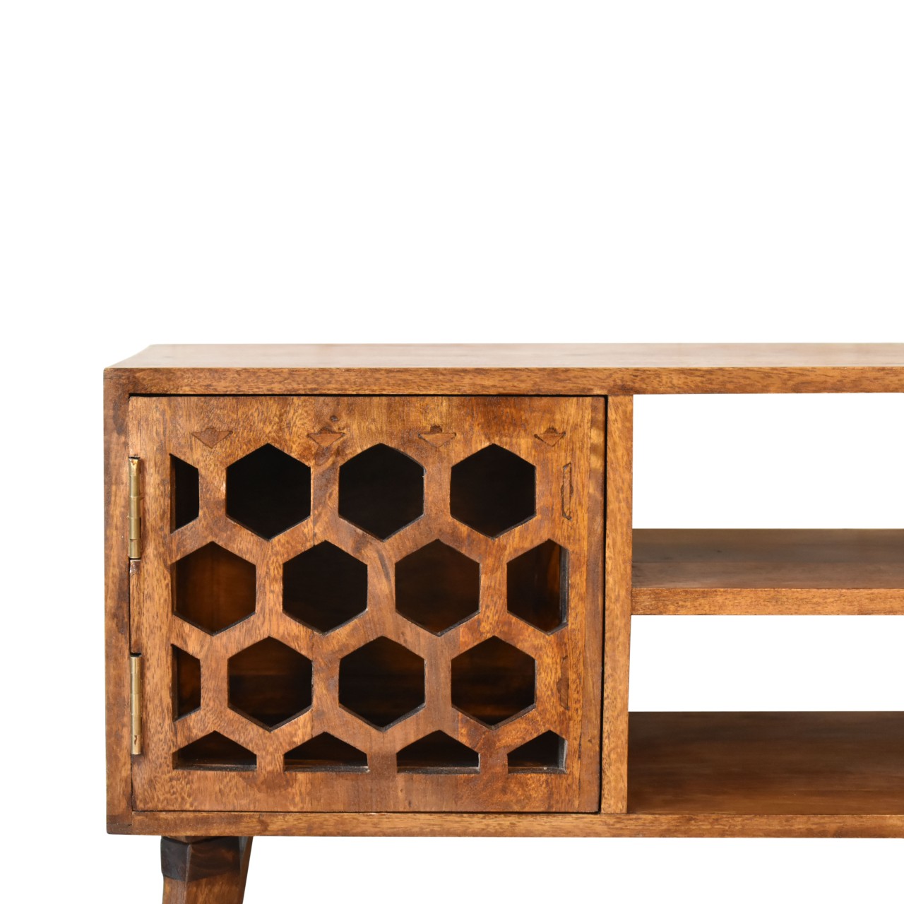Solid Mango Wood Chestnut Finished 2 Door 2 Slot Honeycomb Patterned Media Unit - Image 4