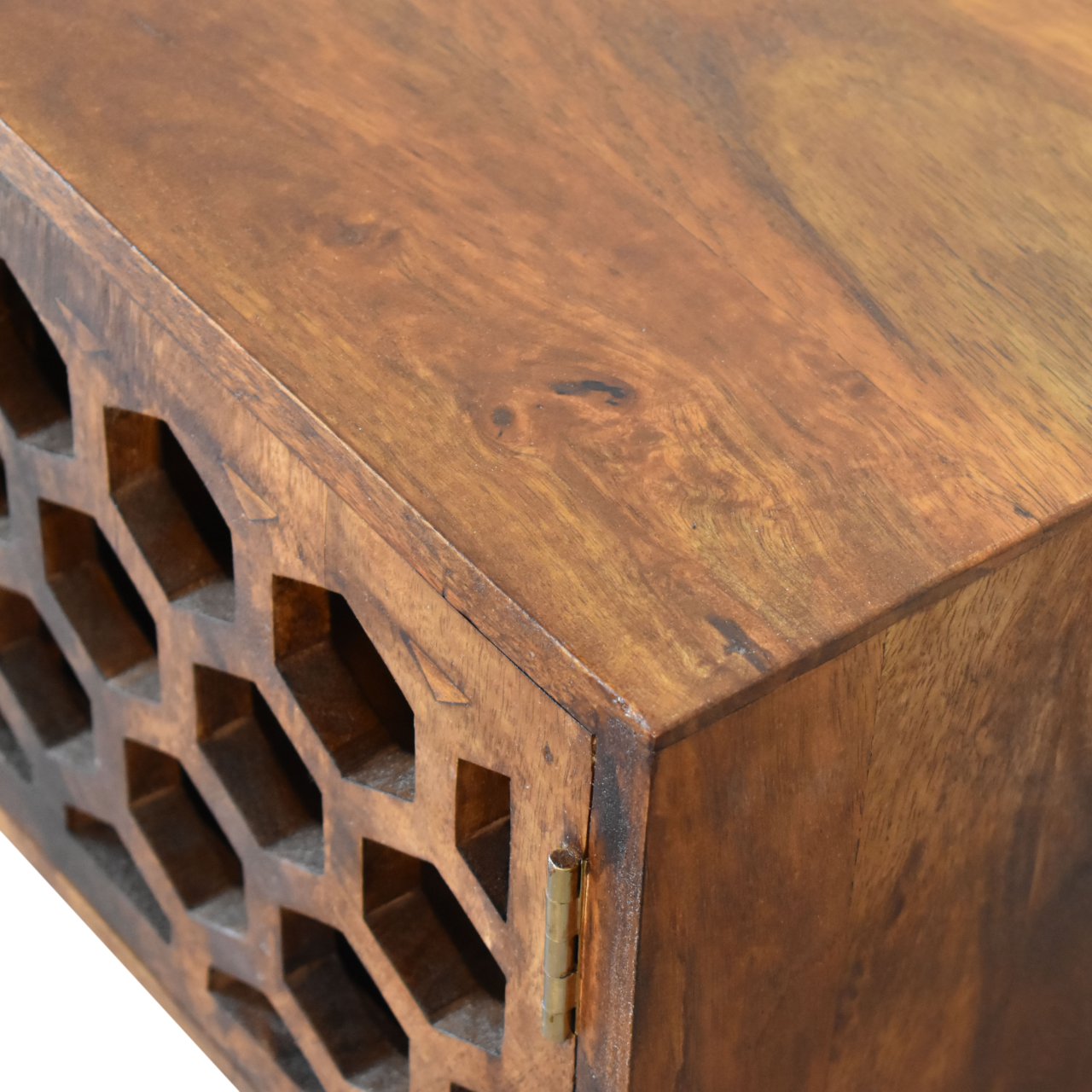Solid Mango Wood Chestnut Finished 2 Door 2 Slot Honeycomb Patterned Media Unit - Image 5