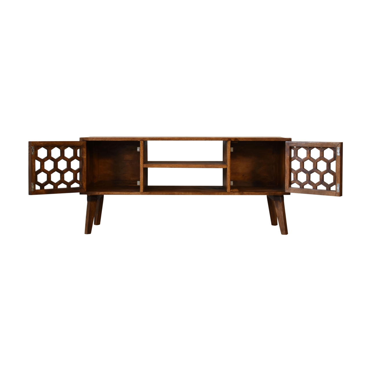 Solid Mango Wood Chestnut Finished 2 Door 2 Slot Honeycomb Patterned Media Unit - Image 6