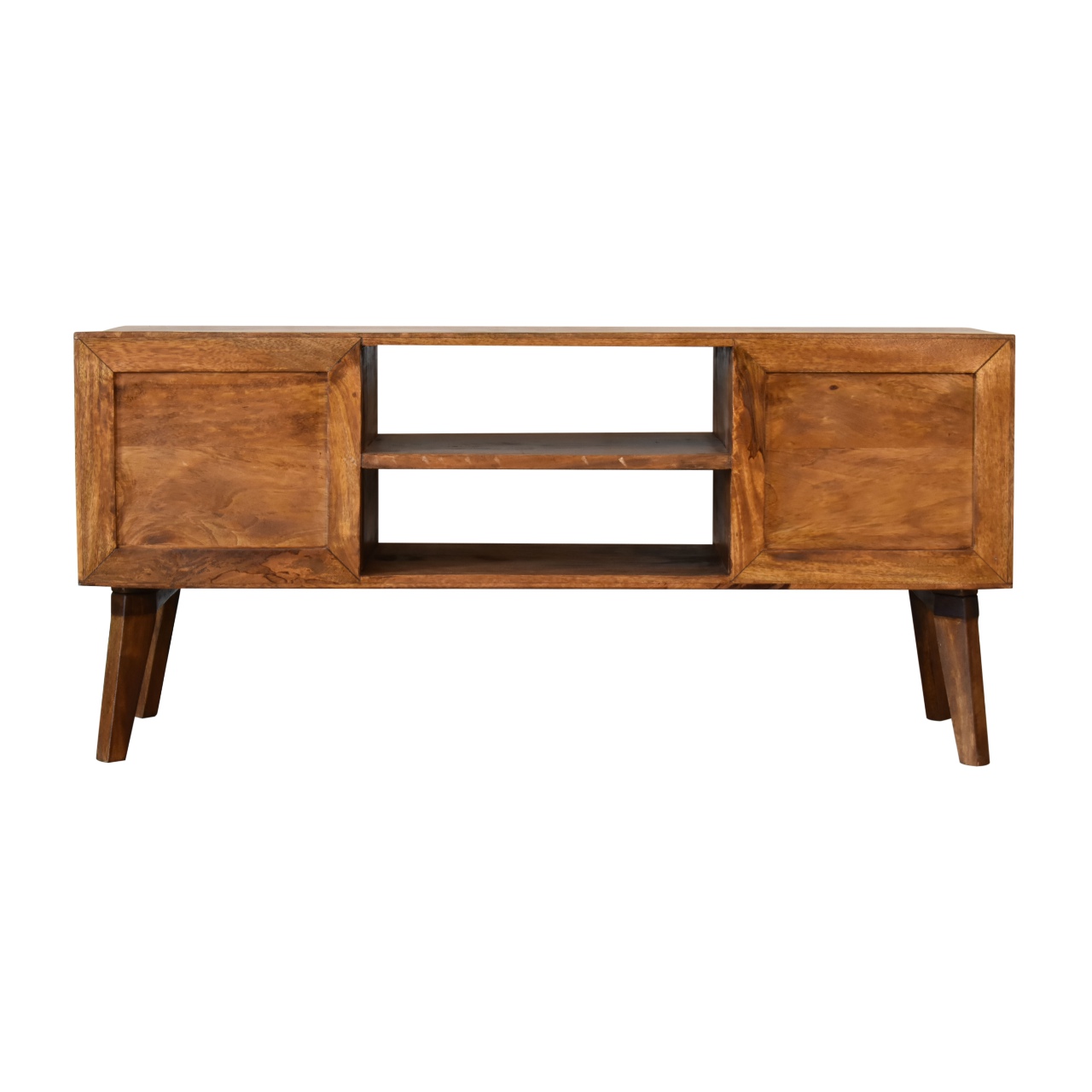 Solid Mango Wood Chestnut Finished 2 Door 2 Slot Honeycomb Patterned Media Unit - Image 9