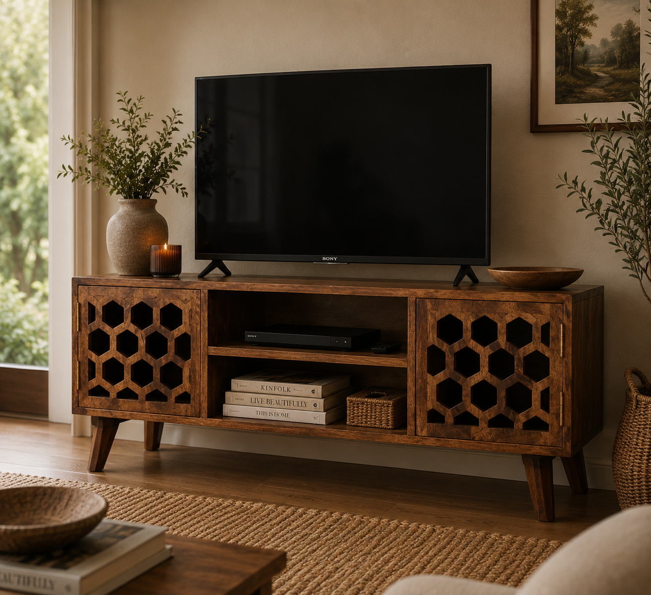 Solid Mango Wood Chestnut Finished 2 Door 2 Slot Honeycomb Patterned Media Unit
