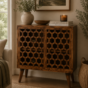 Solid Mango Wood Chestnut Finished 2 Door Honeycomb Front Cabinet